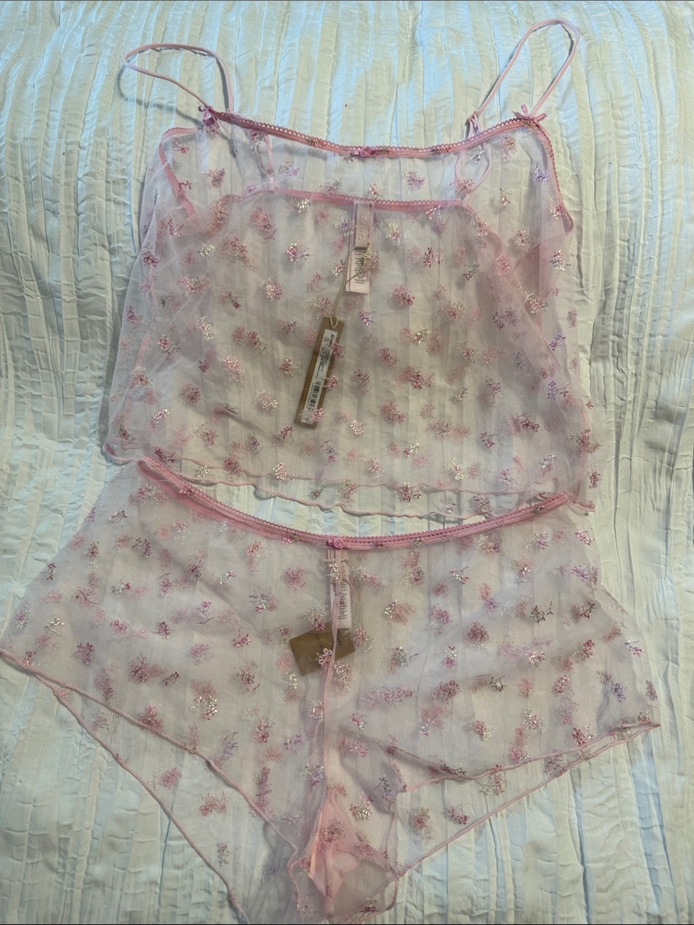SKIMS Sheer Pink Embroidered Mesh Camisole & Shorts Set